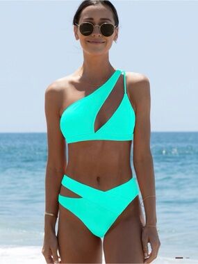 One-Shoulder Cutout Bikini Set in Aqua